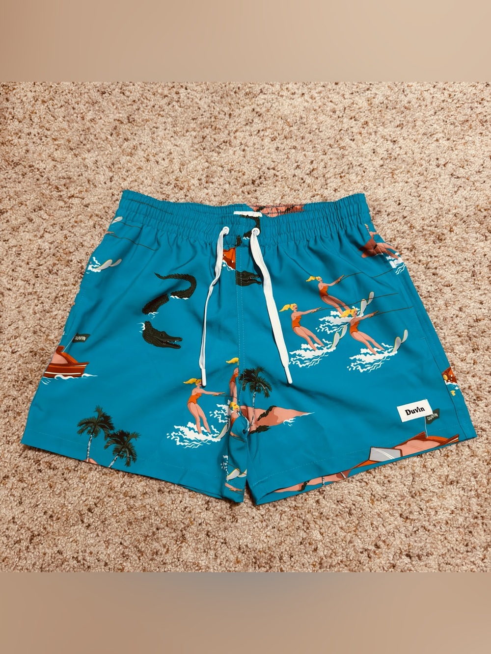 Duvin Swim Shorts Mens Blue Surfer Girl Beach Print Mesh Lined